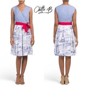 Chetta B Scenic Paris Print Dress Womens Size 12 Blue White Stripes Red Belt
